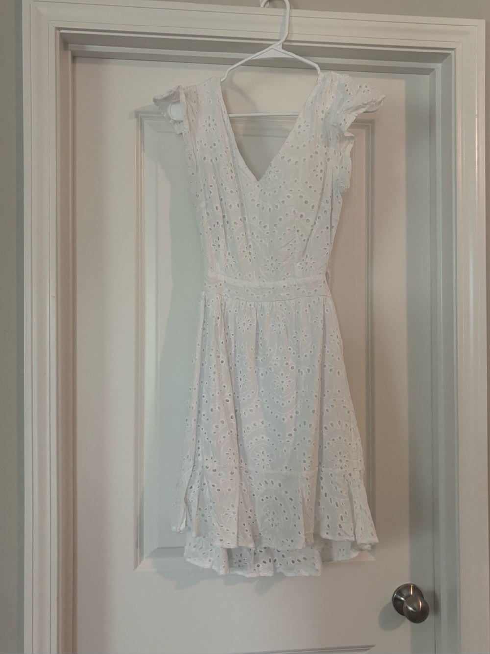 White Eyelet V-Neck Midi Dress with Flutter Sleeves
